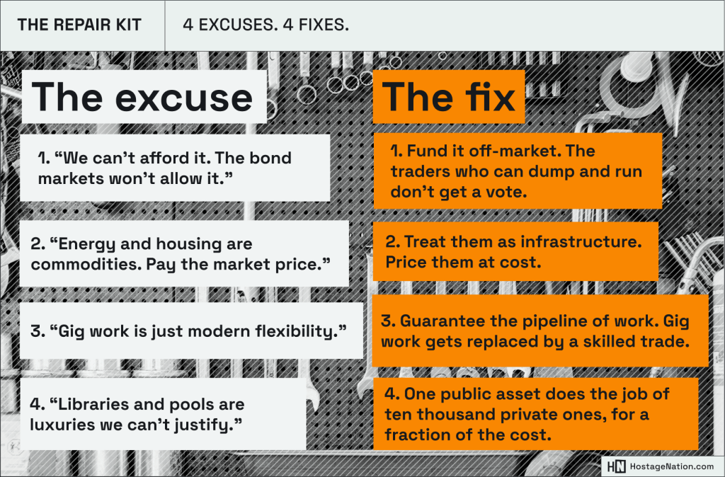 Infographic, "The repair kit: 4 excuses, 4 fixes", pairing four common objections to public investment with a proposed response to each. Full list in the following description.