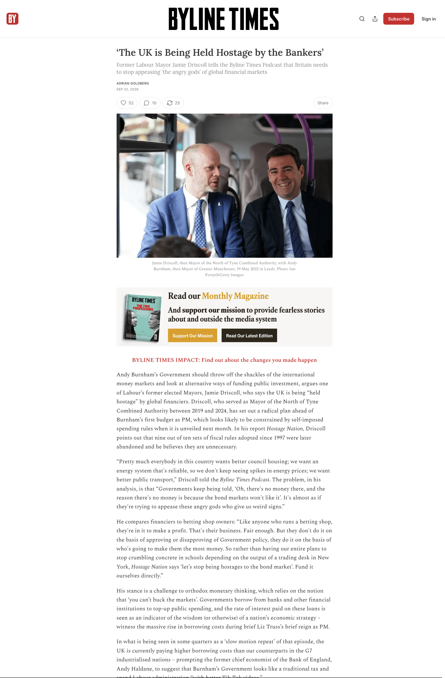 Screenshot of Byline Times' article about Hostage Nation. Has an image of Jamie Driscoll talking to Andy Burnham on a bus. The title of the article is ‘The UK is Being Held Hostage by the Bankers’