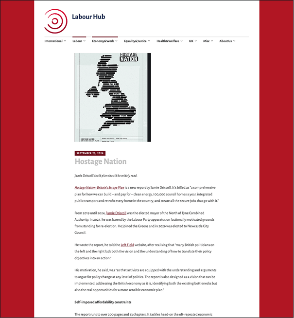 Screenshot of the article on Labour Hub's website. Red and white colour scheme with an image of the Hostage Nation report at the top of the article.