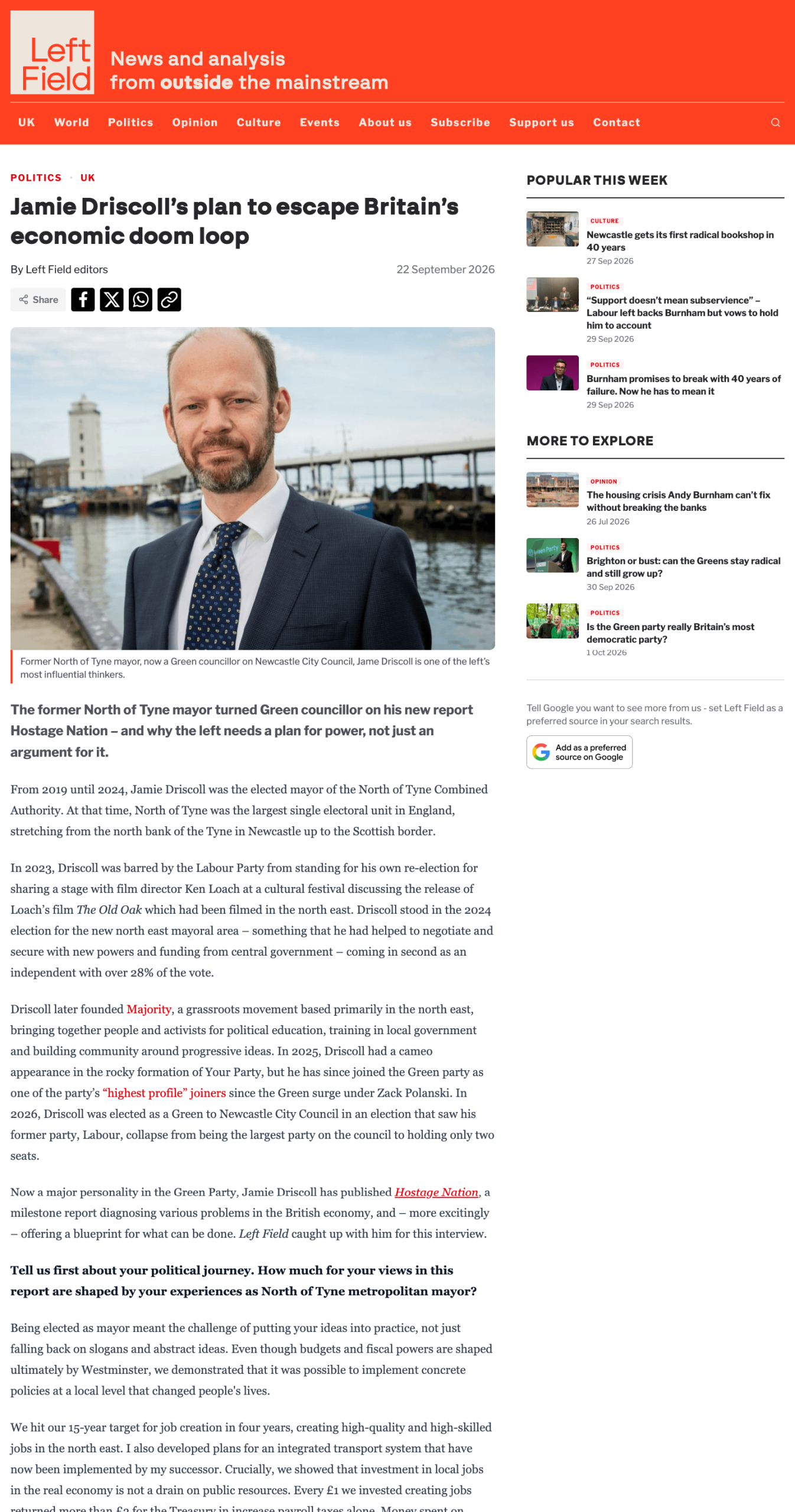 Screenshot of Left Field's article about Hostage Nation. It has an image of Jamie Driscoll looking directly into camera with a UK pier behind him. The title of the article is Jamie Driscoll’s plan to escape Britain’s economic doom loop