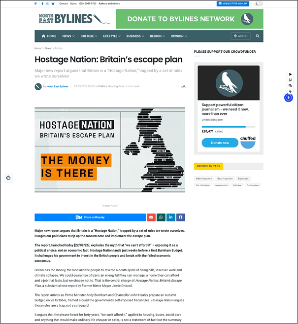 Screenshot of the North East Bylines' article about Hostage Nation on their website. The title of the article is Hostage Nation: Britain's escape plan