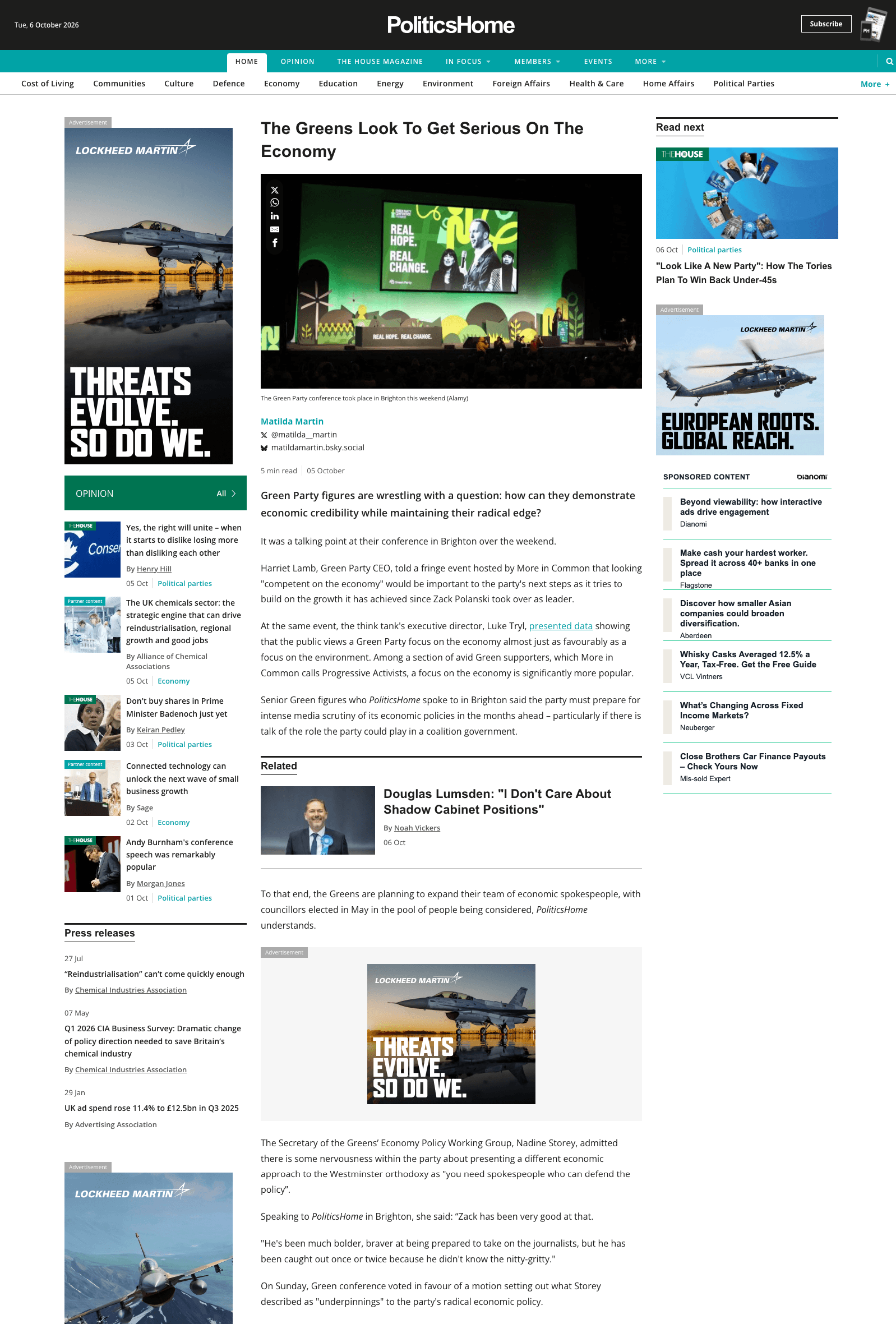 Screenshot of Poltics Home's article on Jamie Driscoll and Hostage Nation. It shows an image of the stage at the Green Party Conference 2026. The title of the article is The Greens Look To Get Serious On The Economy