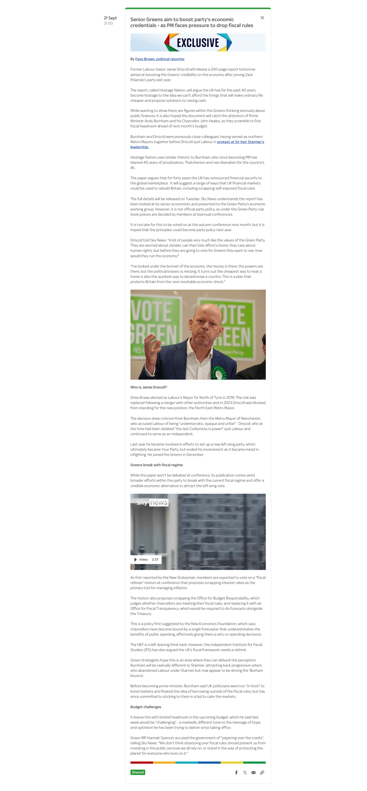Screenshot of bulletin on Sky News Live about the launch of the Hostage Nation report. It shows an image of Jamie Driscoll speaking at a Green Party event.