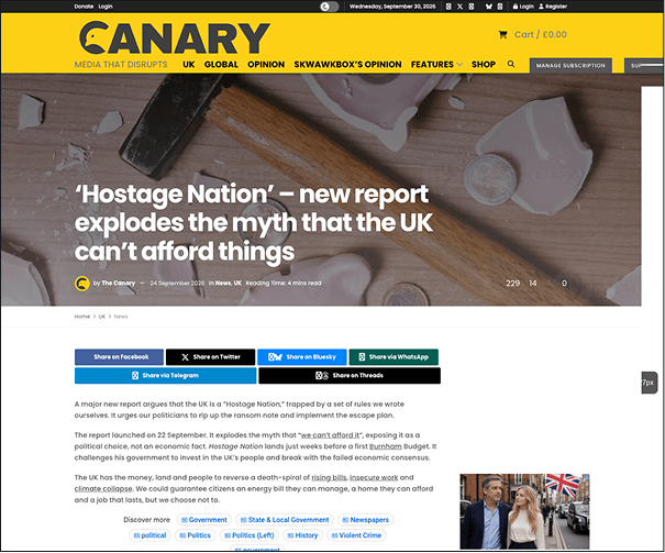 Screenshot of The Canary's press article of Hostage Nation on their website. The title of the article is 'Hostage Nation' - new report explodes the myth that the UK can't afford things