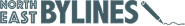 North East Bylines' logo - teal colour wordmark with a pen symbol on the right of the wordmark